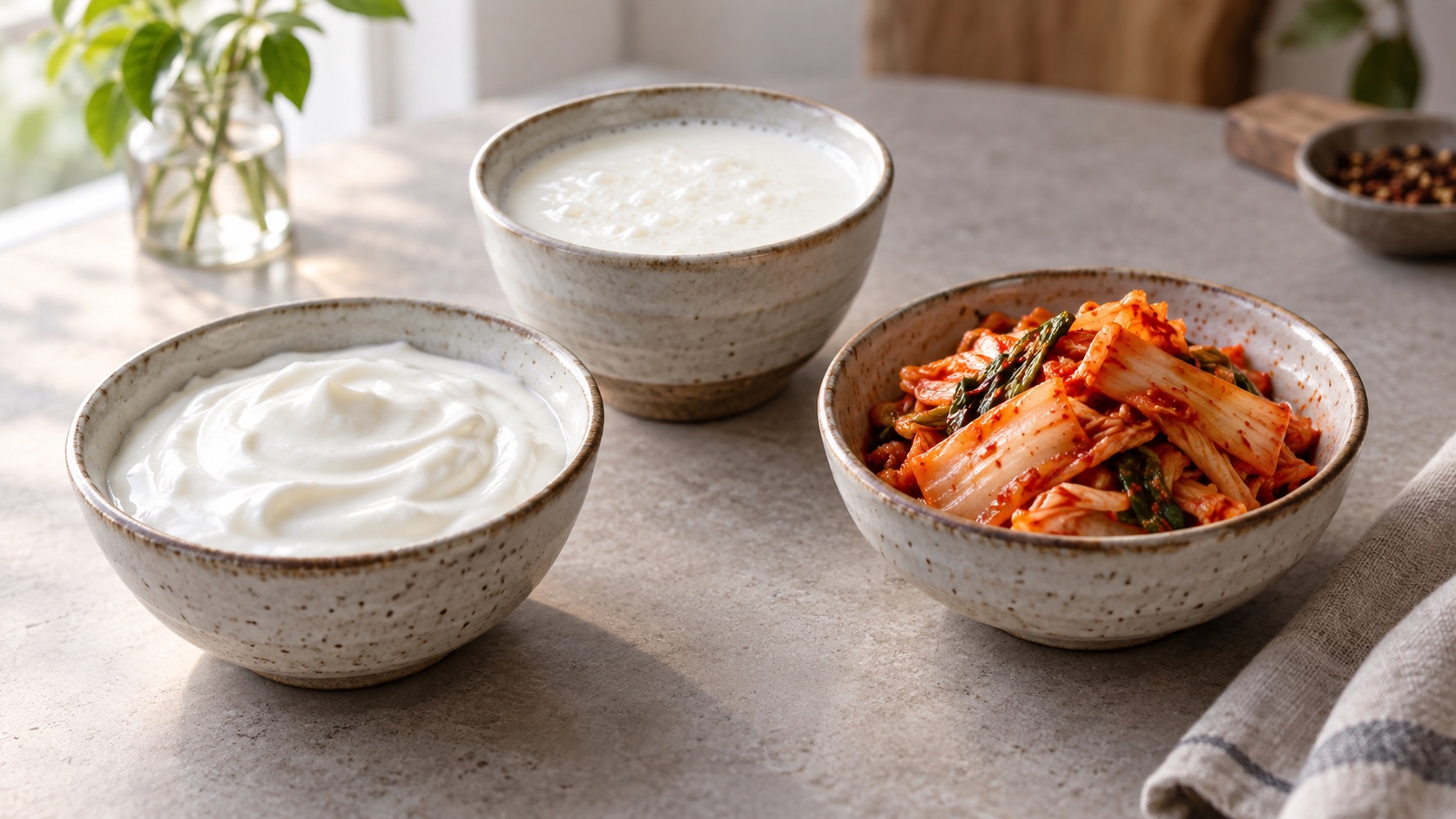 Small bowls of yogurt, kefir, and kimchi on a table.