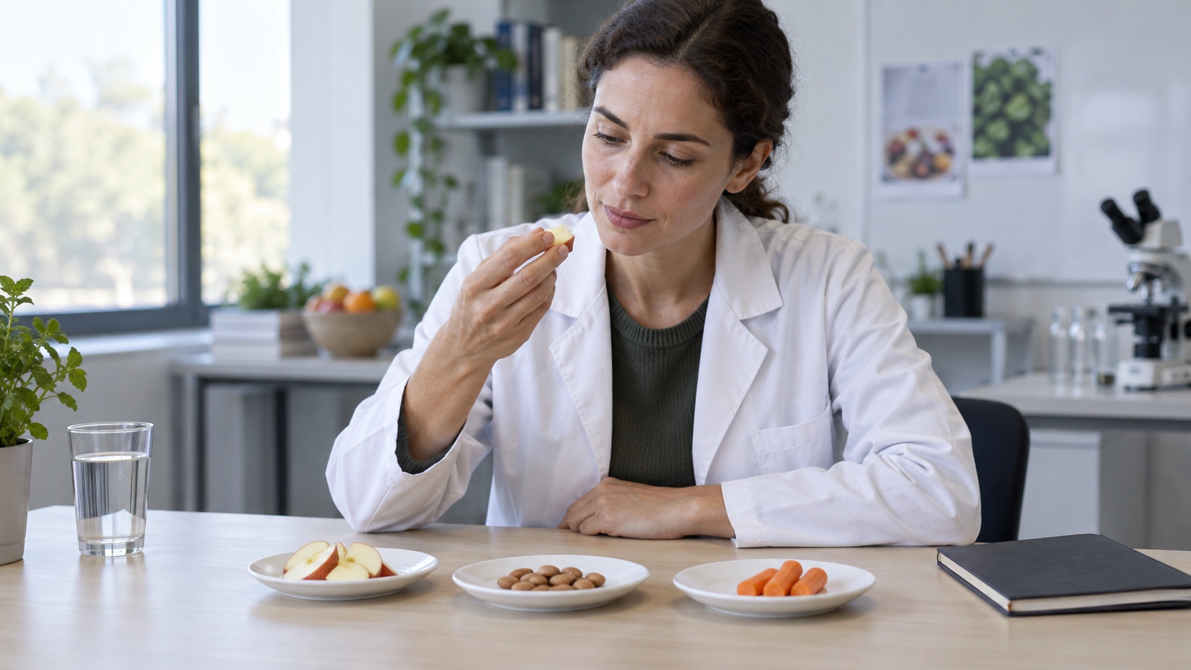 A researcher compares food samples and notes at a desk.