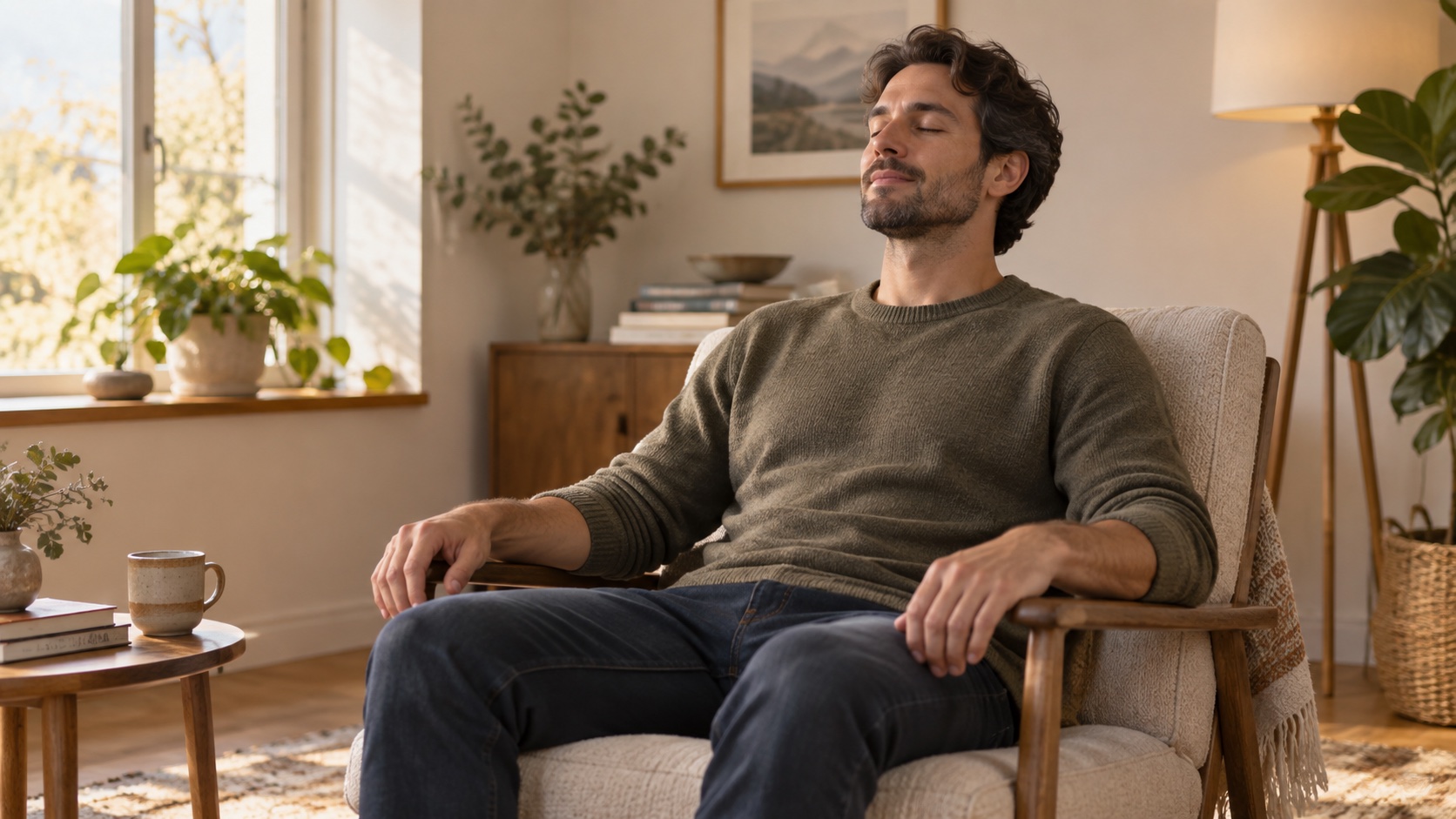 An adult practices calm seated breathing indoors.
