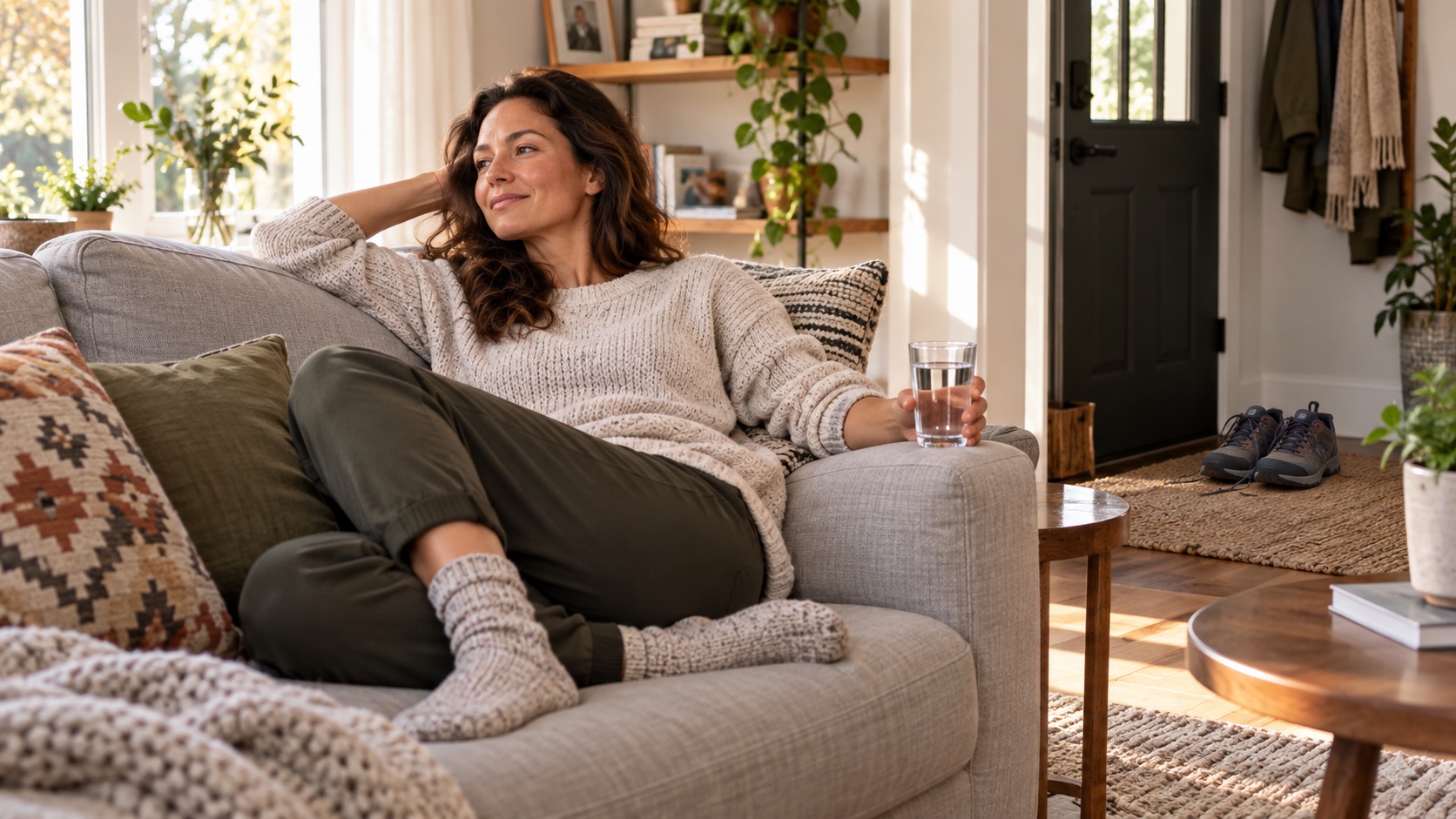 An adult rests at home after a walk, with walking shoes nearby.
