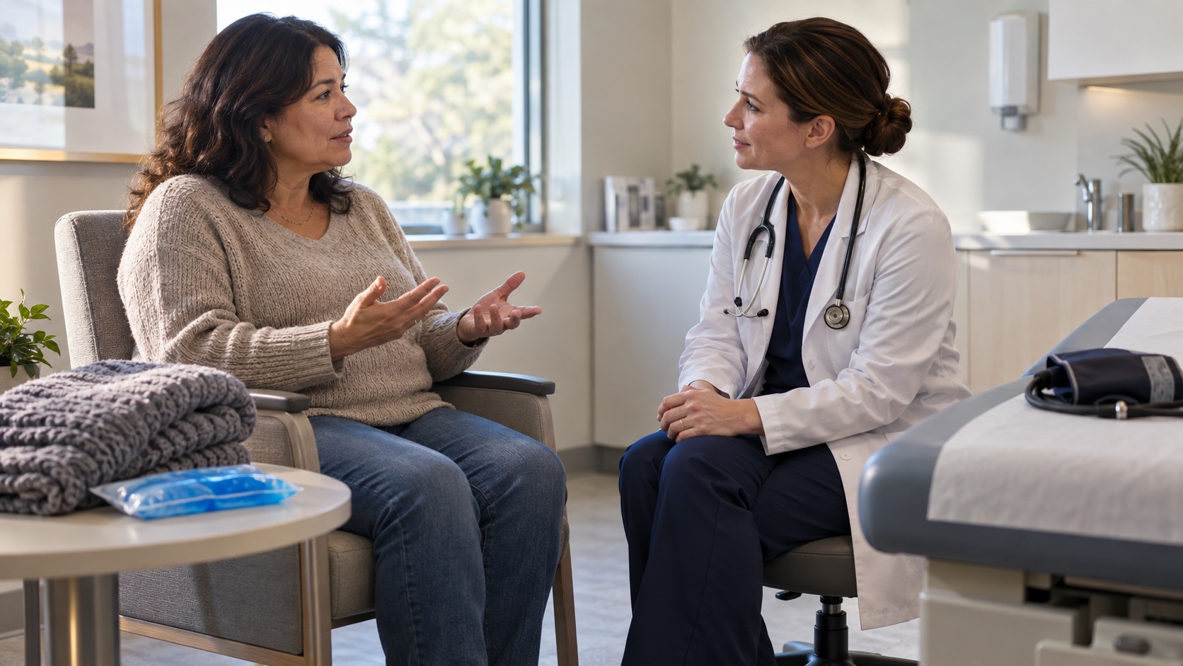 An adult discusses heat and cold exposure with a clinician.