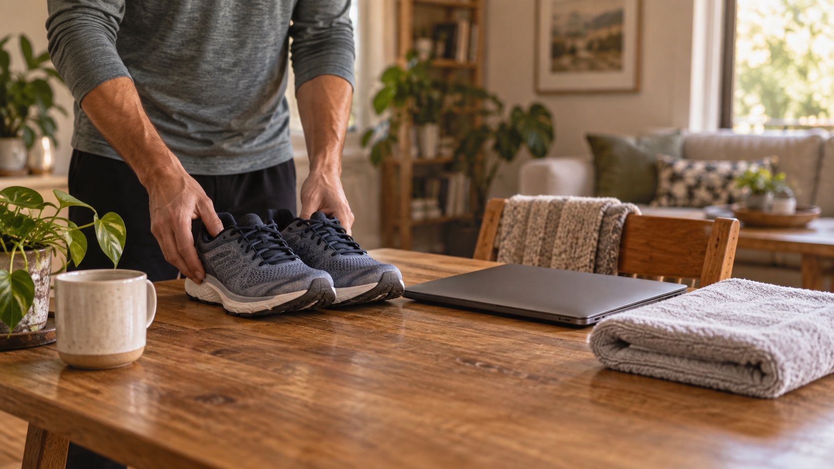 Training shoes, a closed laptop, and a towel sit together as an adult plans a rest period.