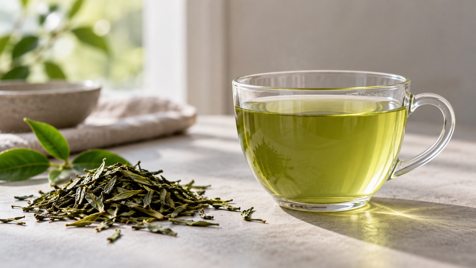 Loose green tea leaves beside a cup of brewed tea.