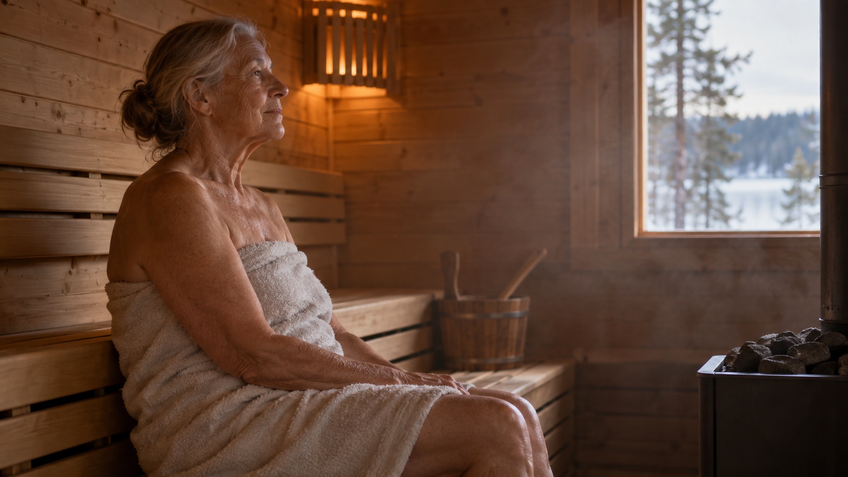 An older adult sits quietly in a wooden sauna.