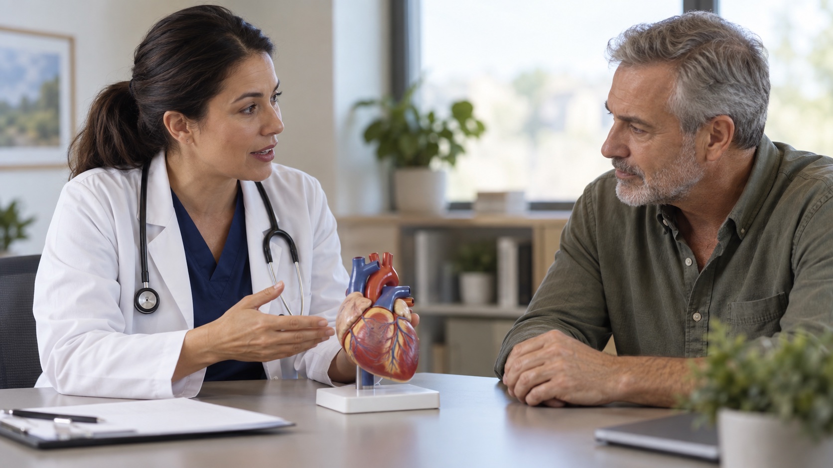 A clinician and adult discuss circulation beside a plain heart model.