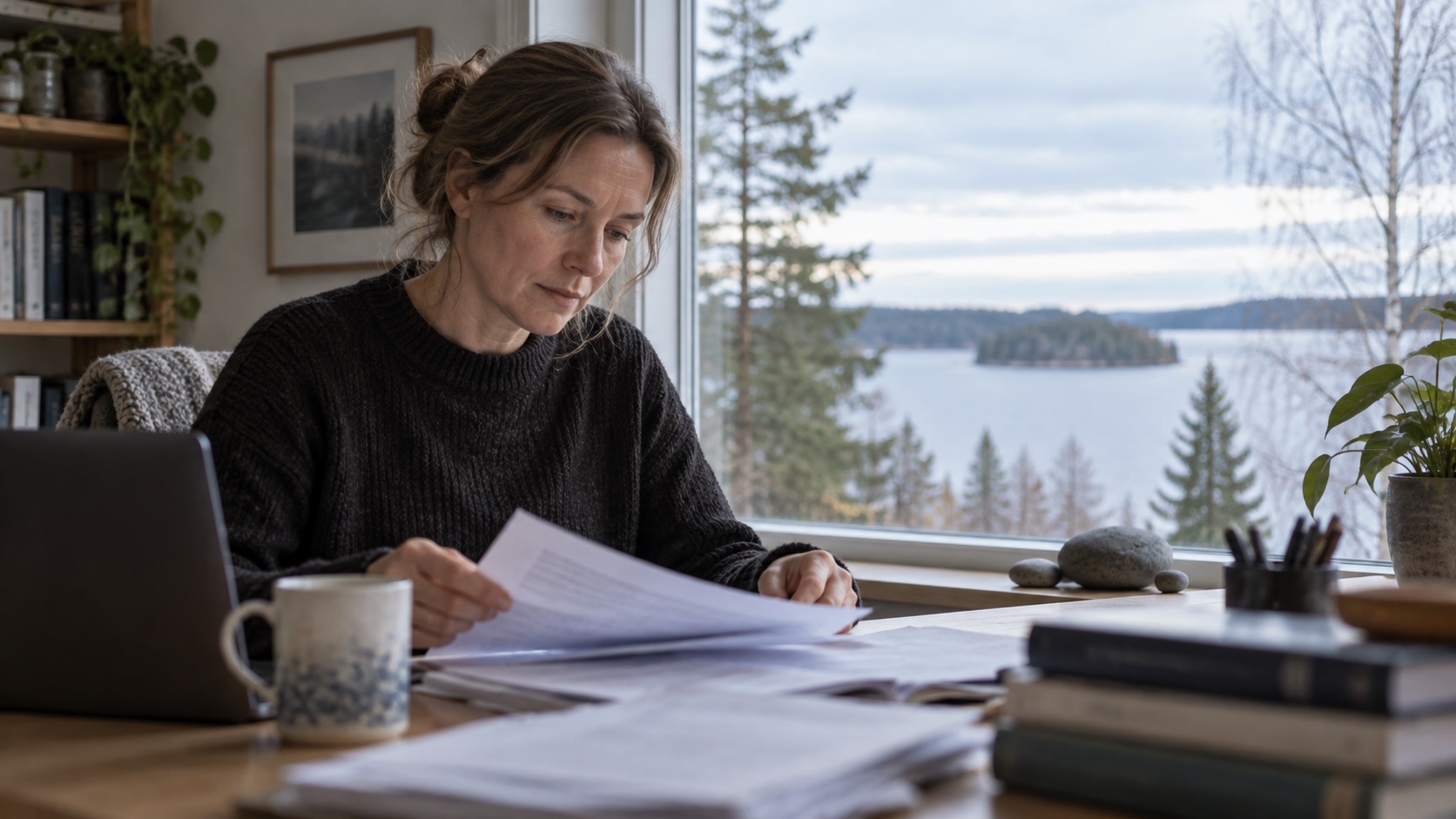 A researcher reviews papers at a desk overlooking a Finnish lake.