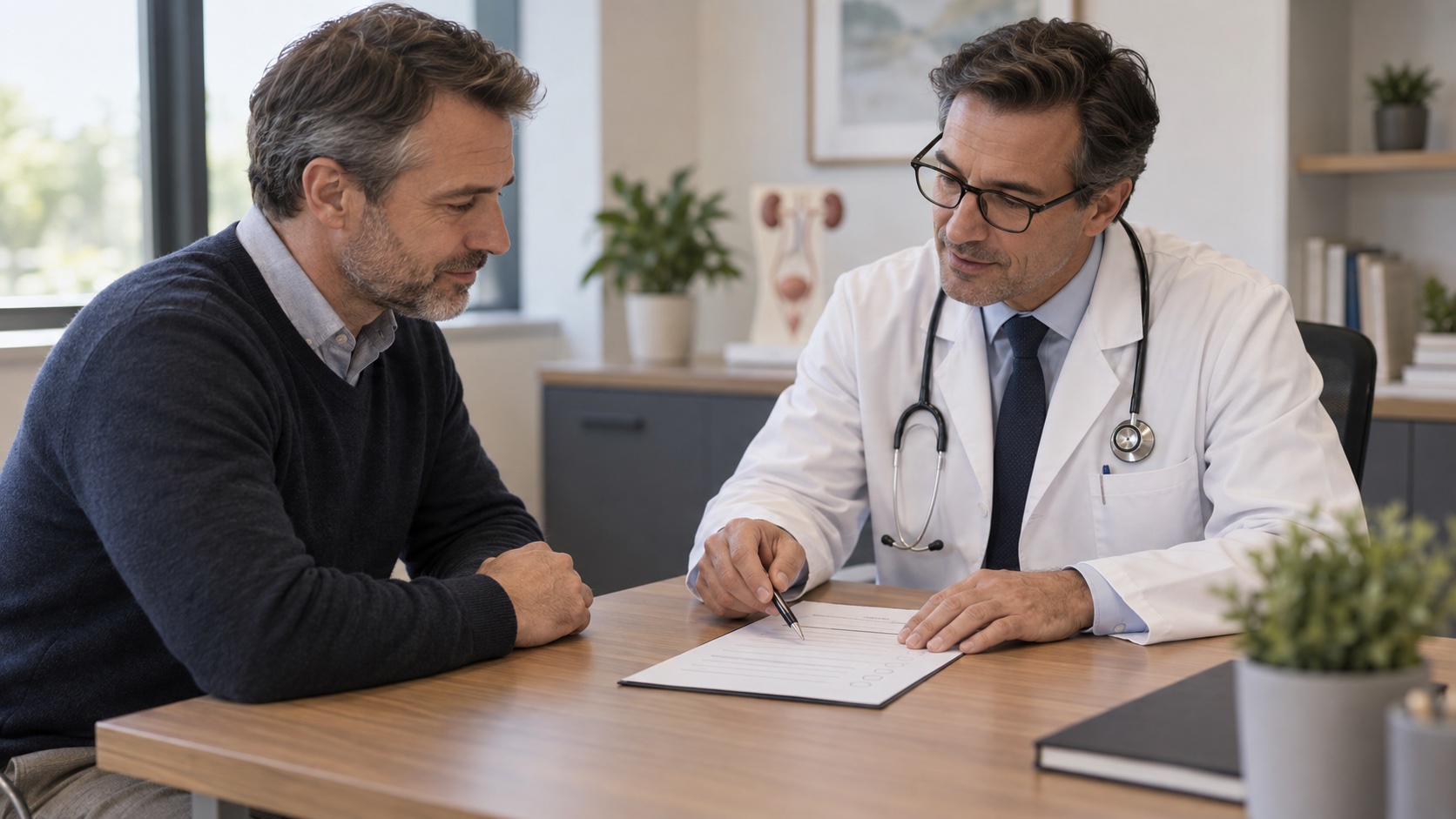 A man and urologist discuss urinary symptoms with a blank questionnaire.