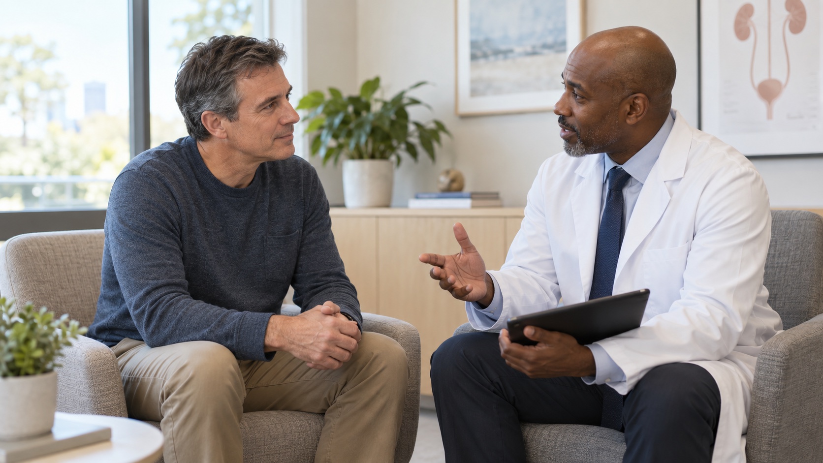 A man speaks with a urologist in a calm clinic room.