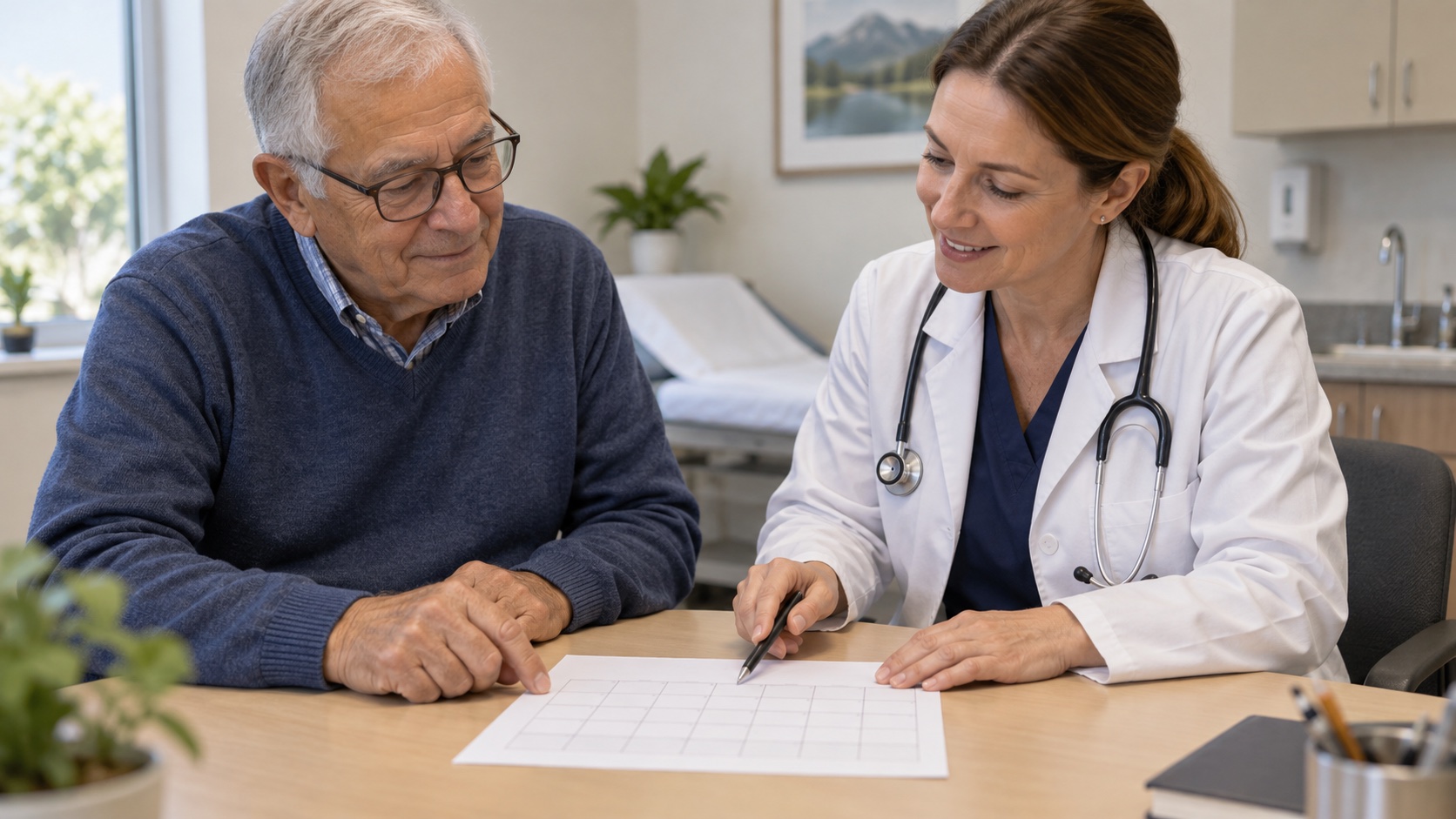 An older man and clinician review a blank calendar page.