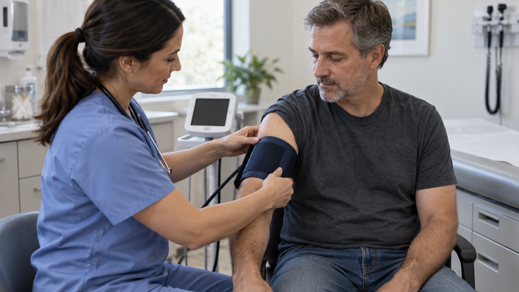 A clinician places a blood-pressure cuff on a man's upper arm.