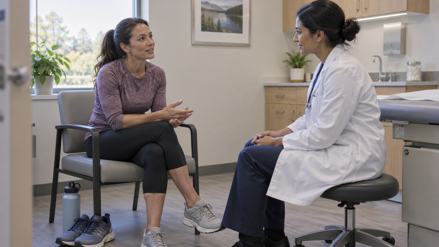 A recreational runner speaks with a clinician after exercise.