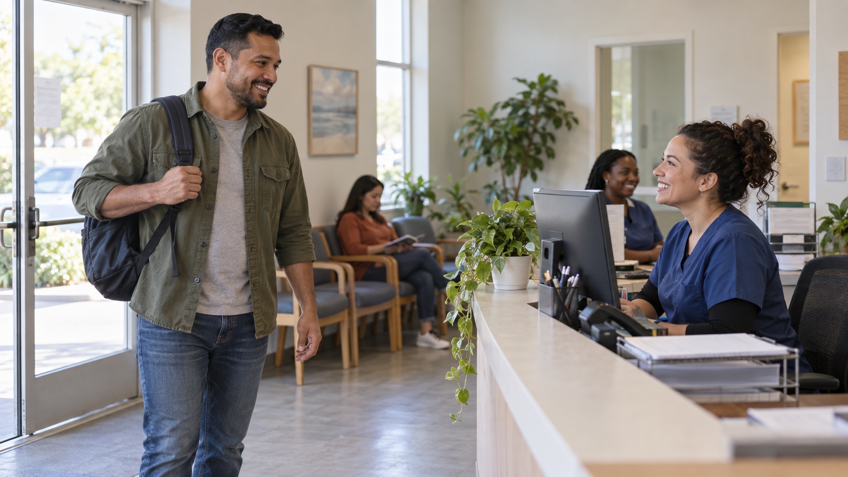 A man enters a welcoming community health clinic.