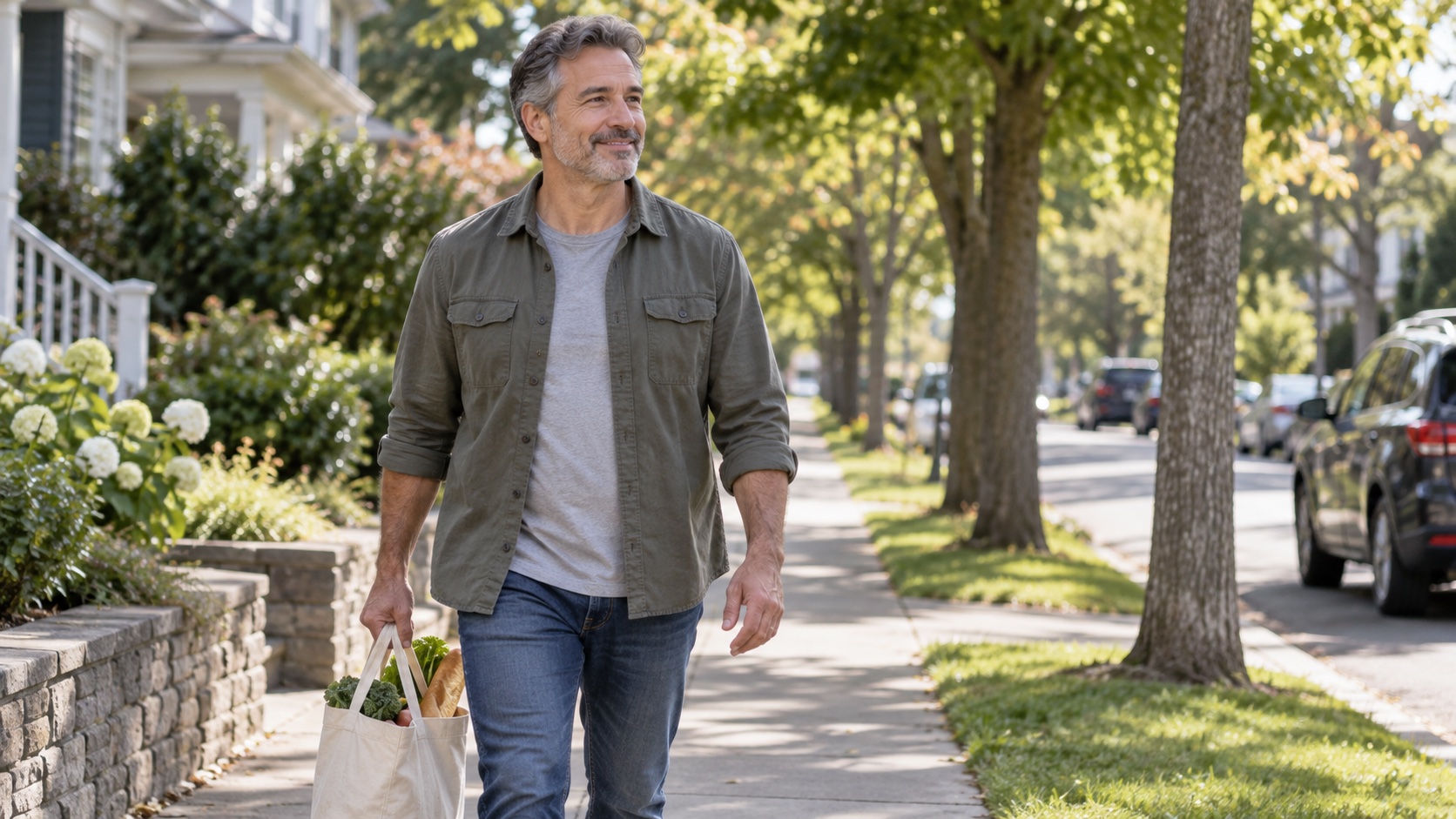 A middle-aged man carries groceries along a neighborhood path.