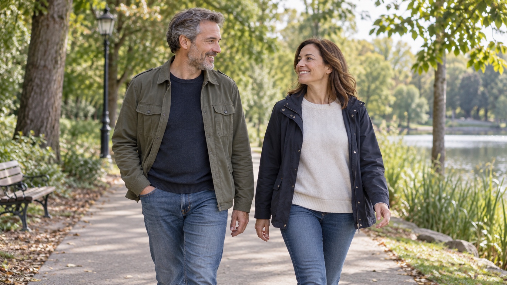 A man and woman walk side by side on a park path.