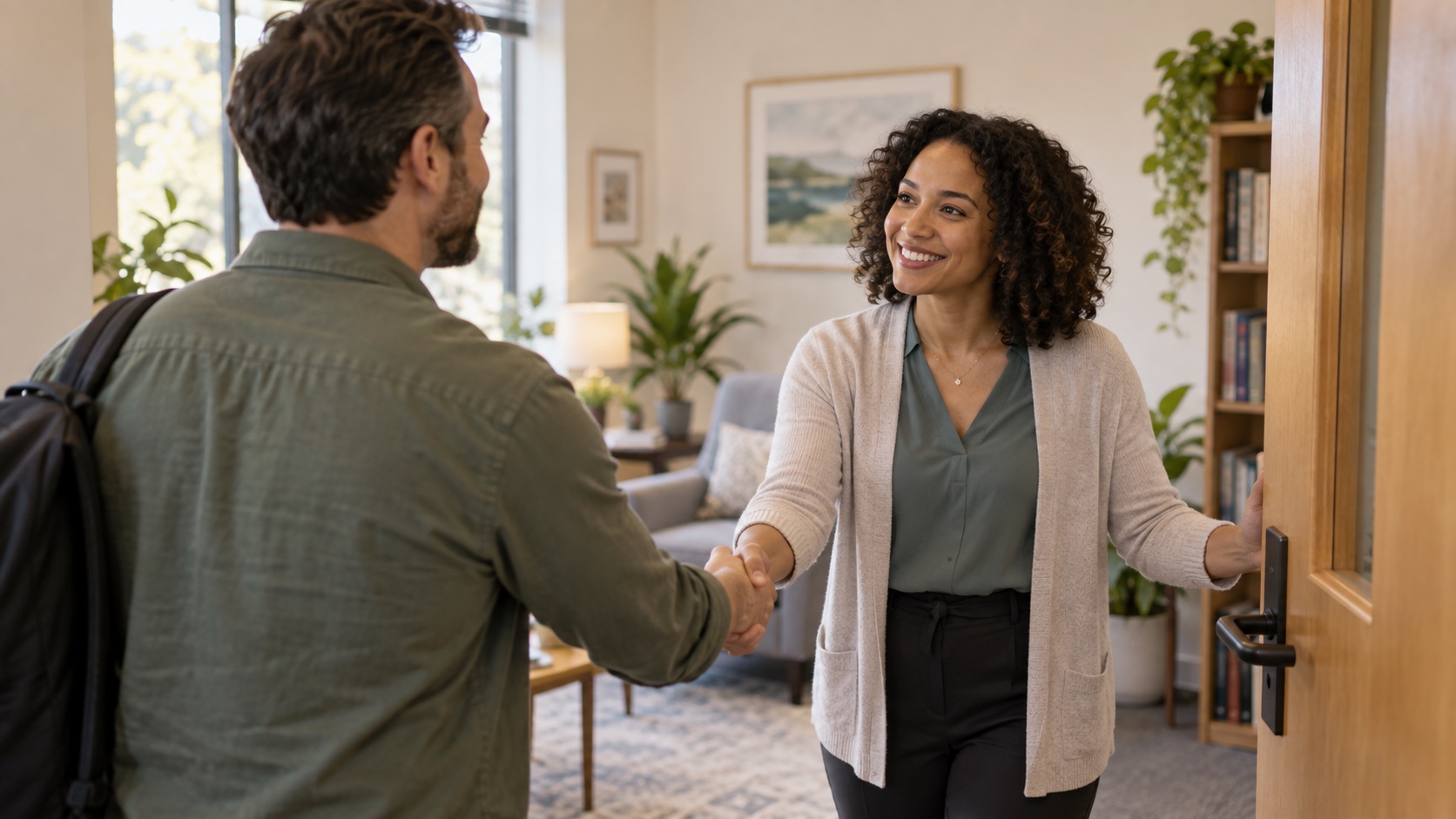 A man greets a counselor at an office doorway.