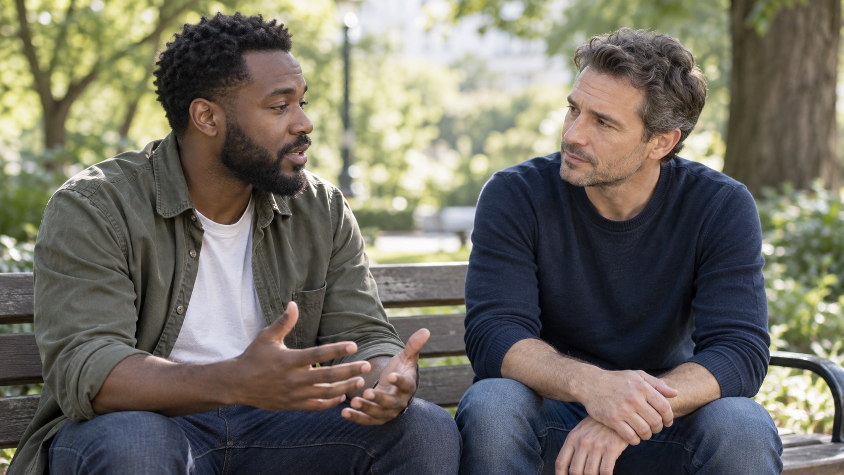 Two adults talk quietly together on a park bench in daylight.