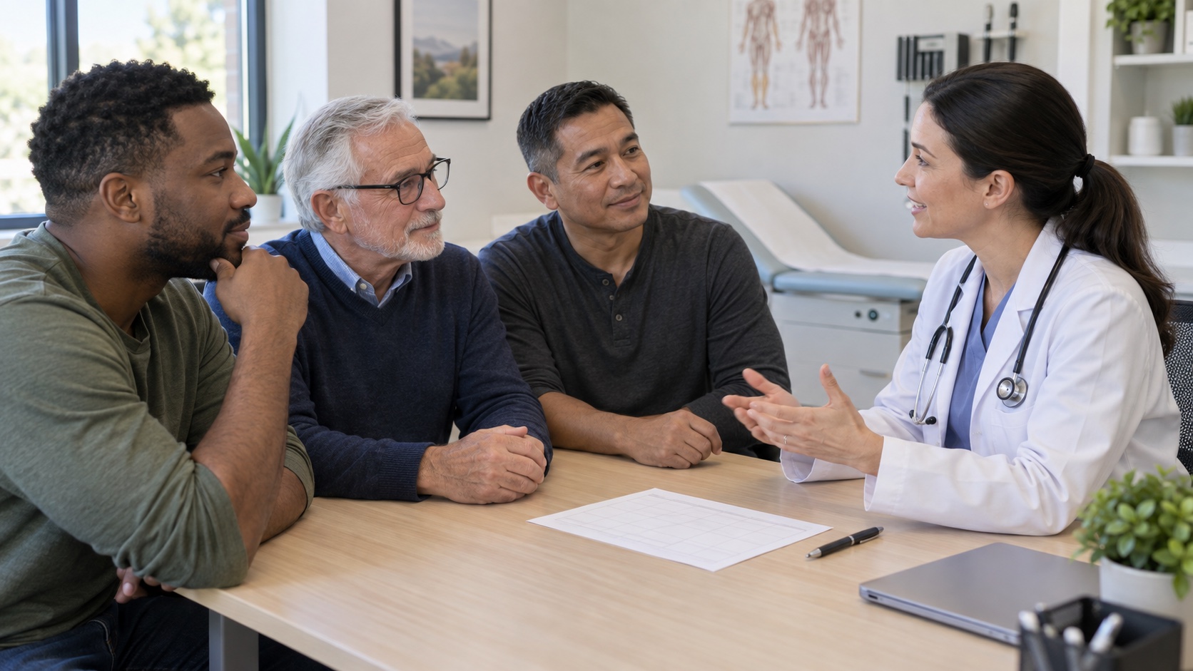 Men of different ages and a clinician review a blank schedule.