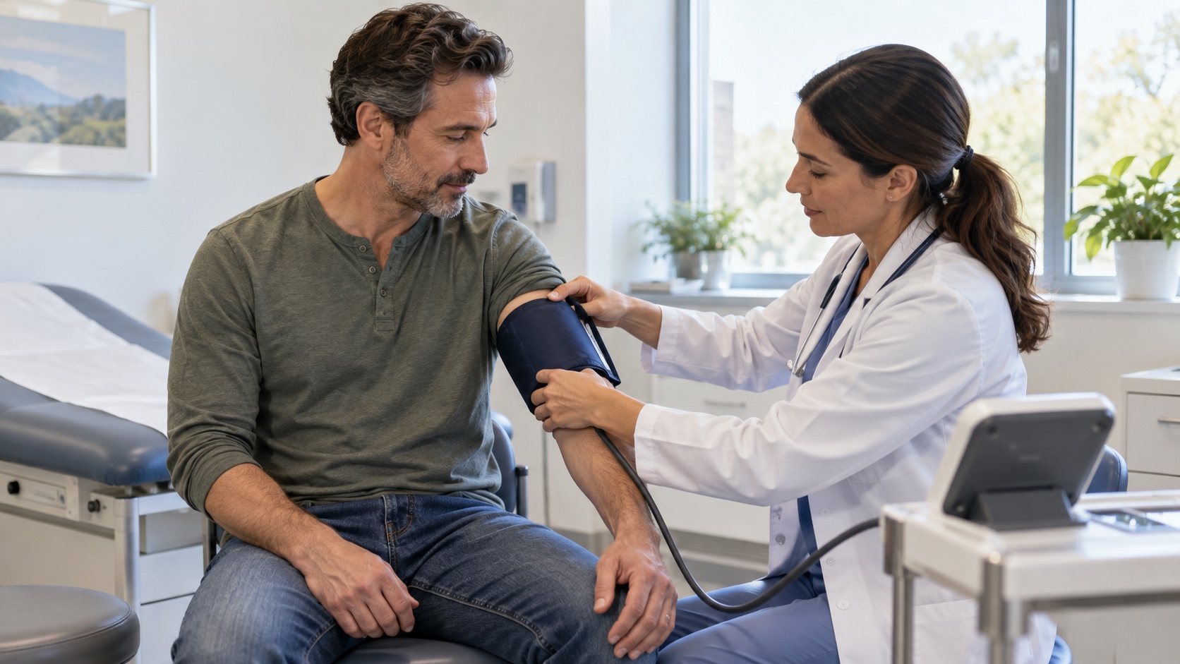 A clinician checks a blood-pressure cuff on a man's arm.