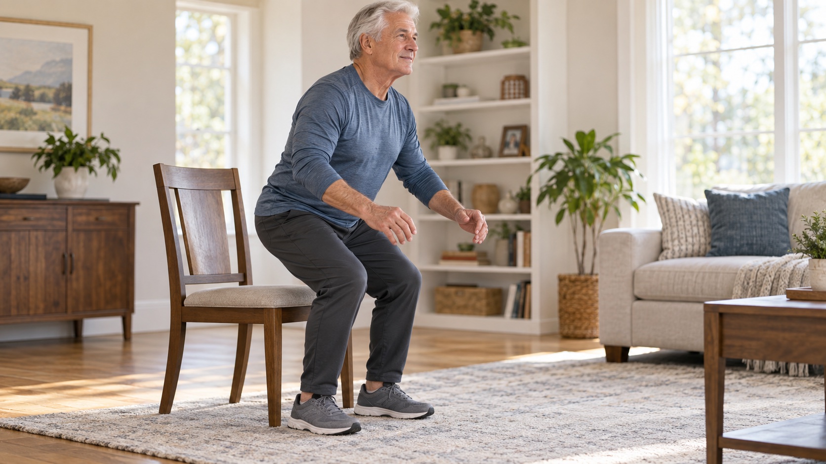 An older man stands from a sturdy chair during a simple exercise.