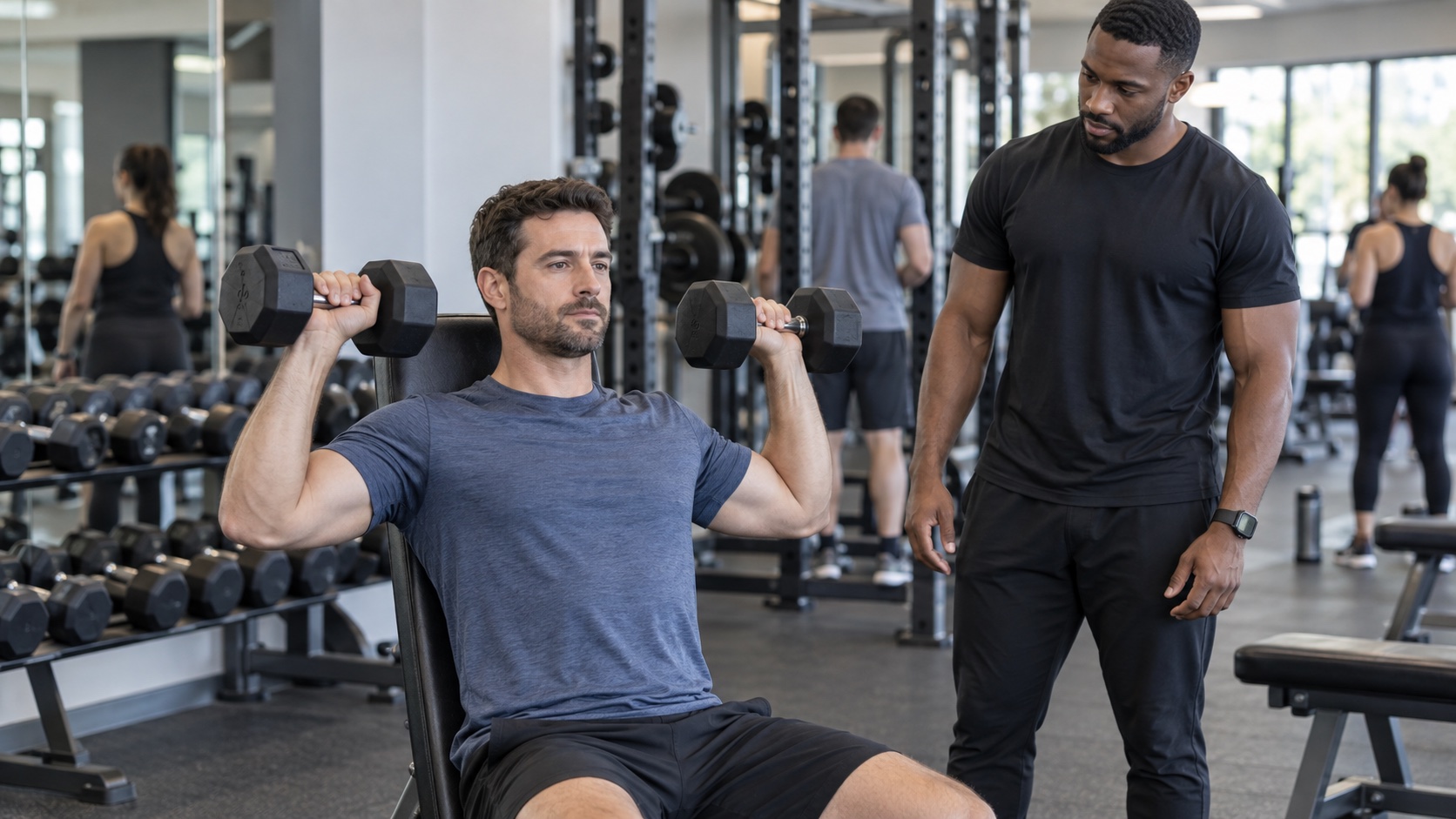 An adult man completes a moderate resistance-training set.