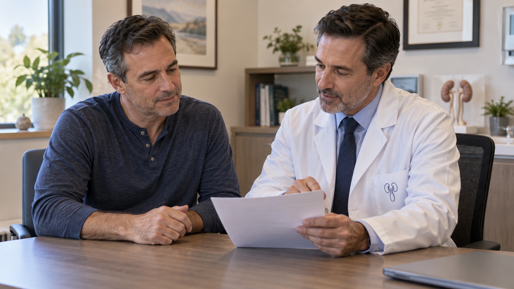 A man and urologist discuss a blank follow-up sheet.