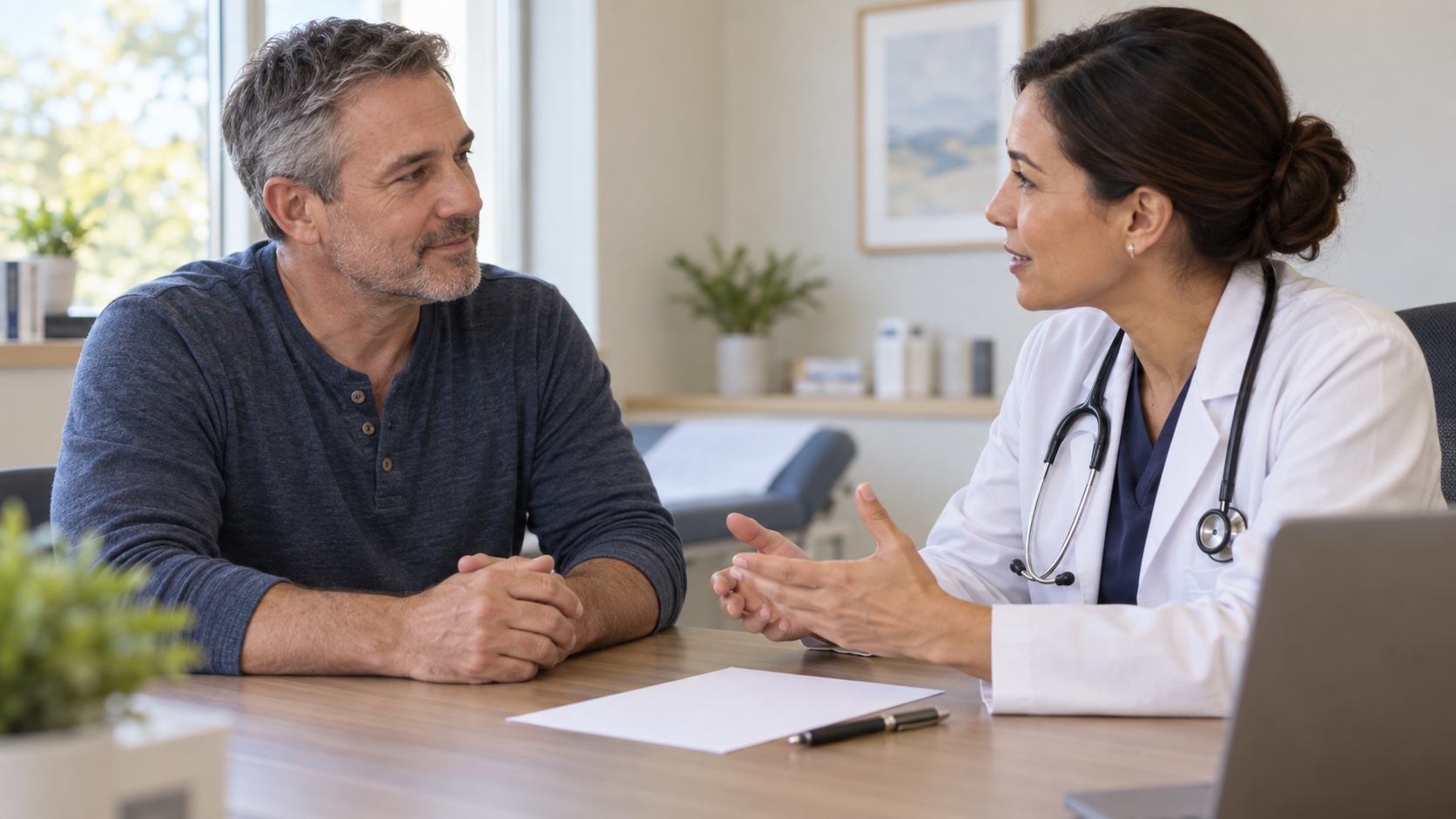 A man and clinician discuss a blank screening decision sheet.