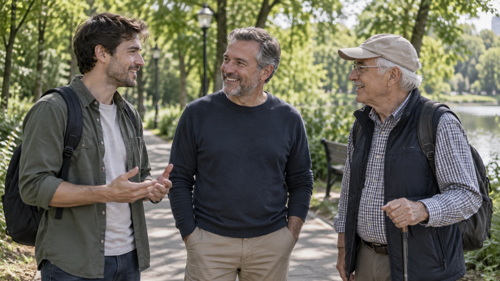 Adult men of different ages talk together on a park path.