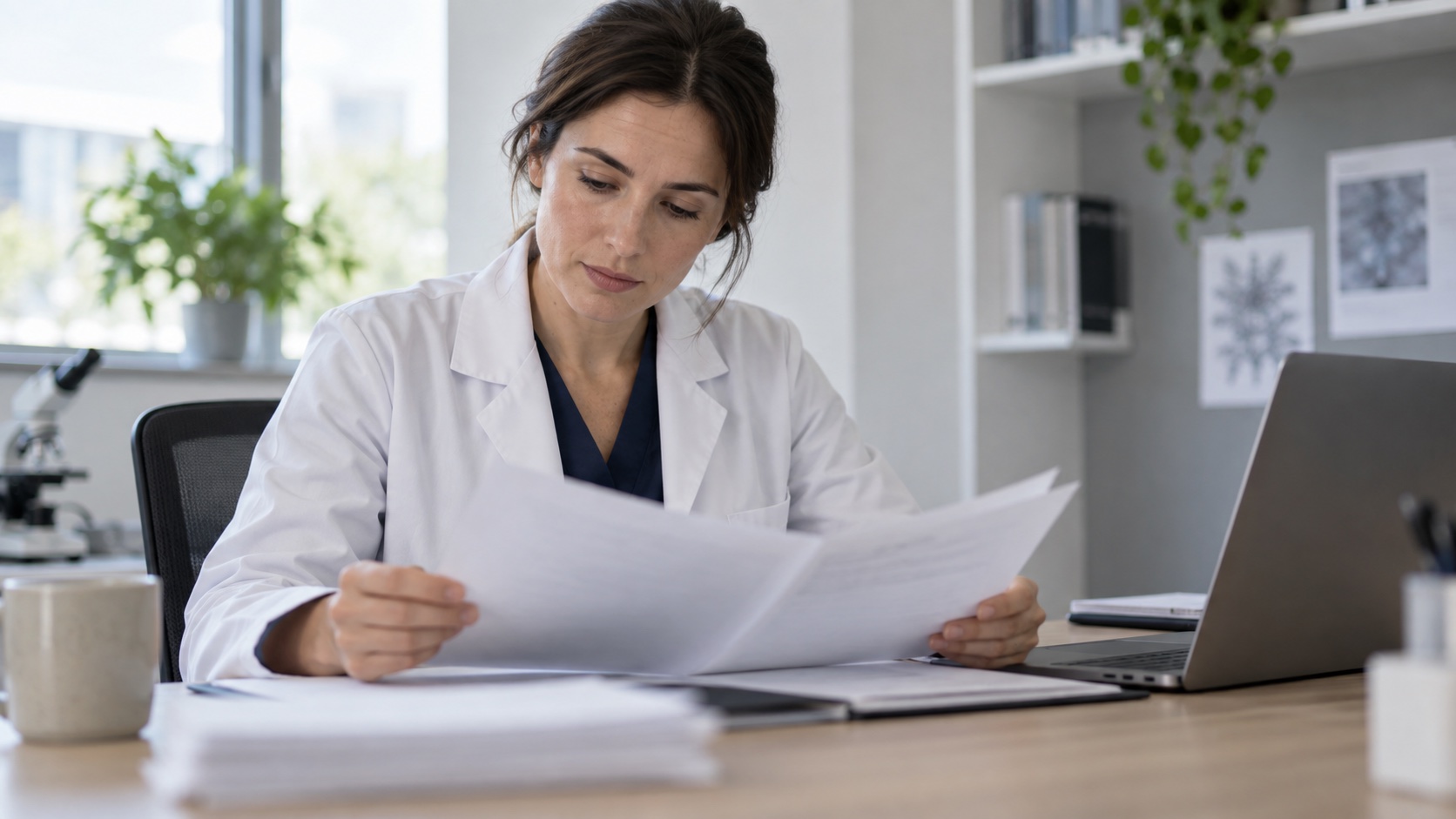 A researcher reviews blurred clinical-trial papers at a desk.