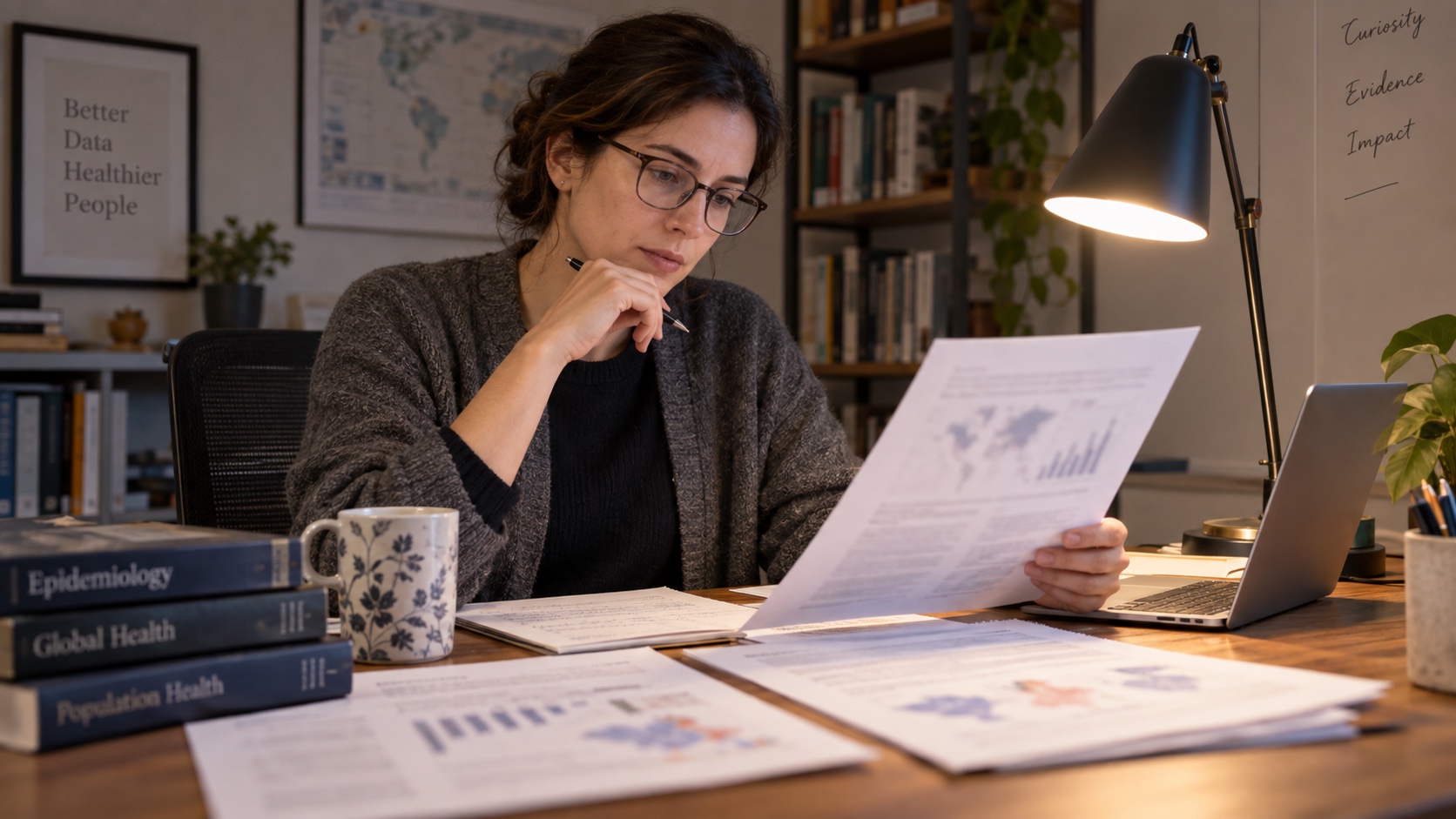 A researcher reviews softly blurred epidemiology papers.