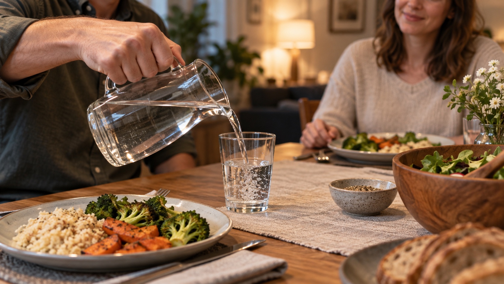 An adult pours water from a clear pitcher at a home dinner.