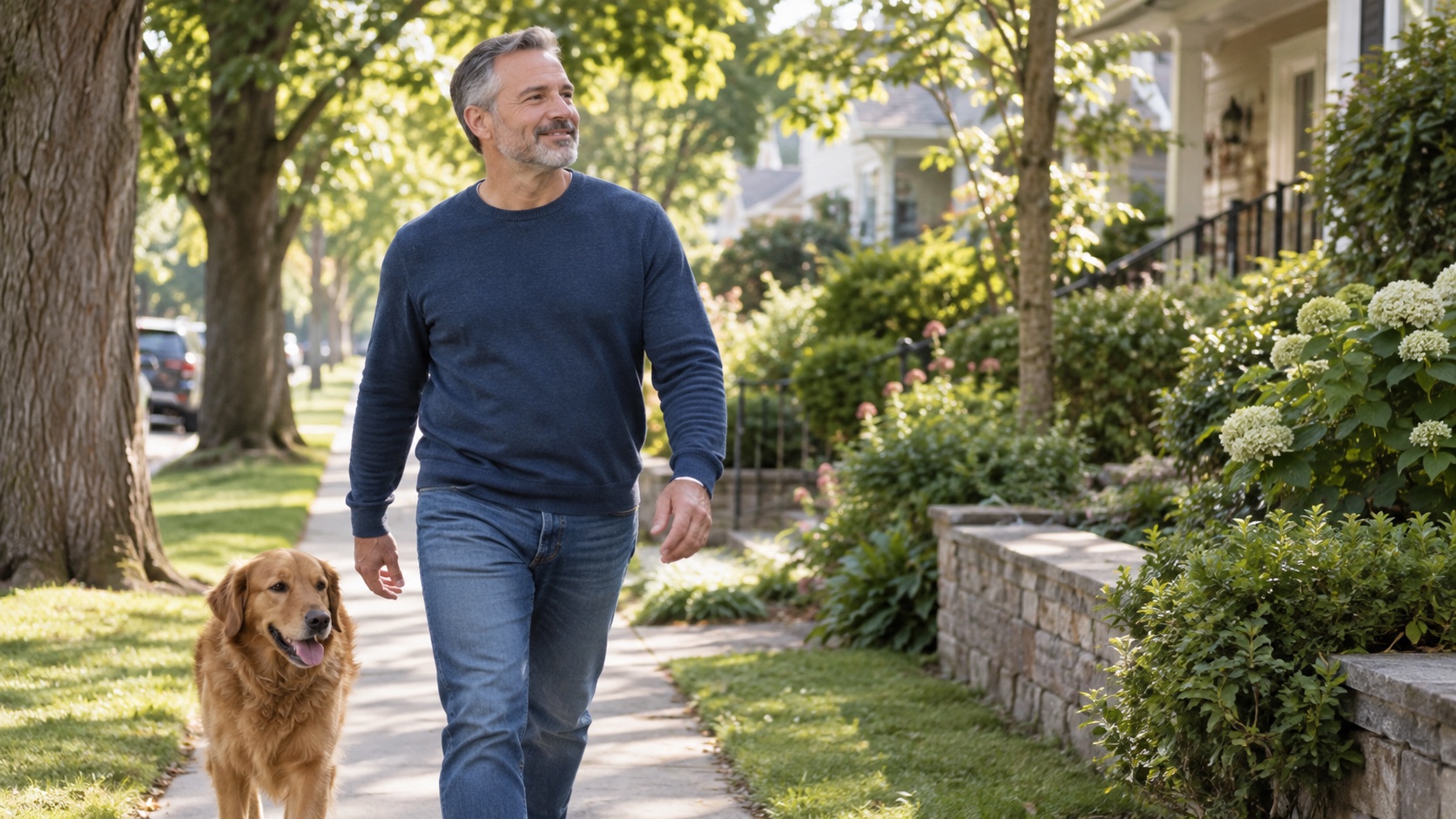 An adult walks outdoors after an ordinary meal.