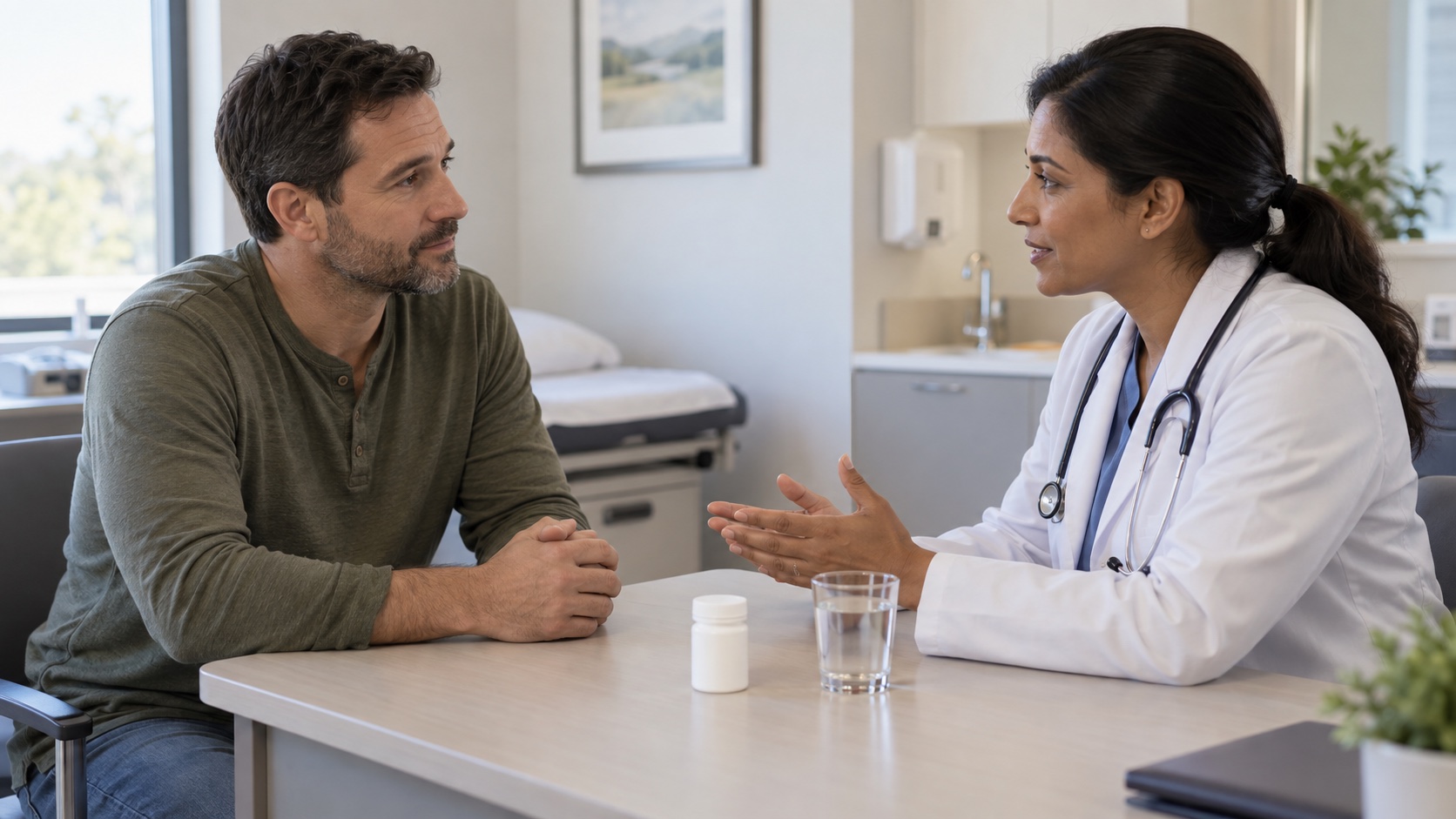 A man and clinician discuss an unmarked medication container.