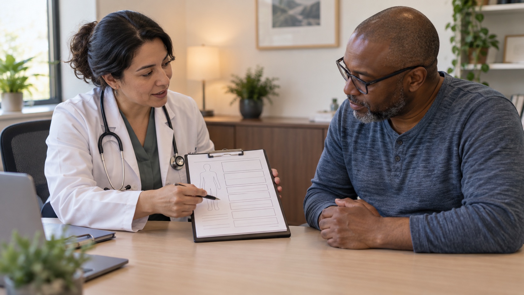 An adult and clinician review a blank body-composition sheet.