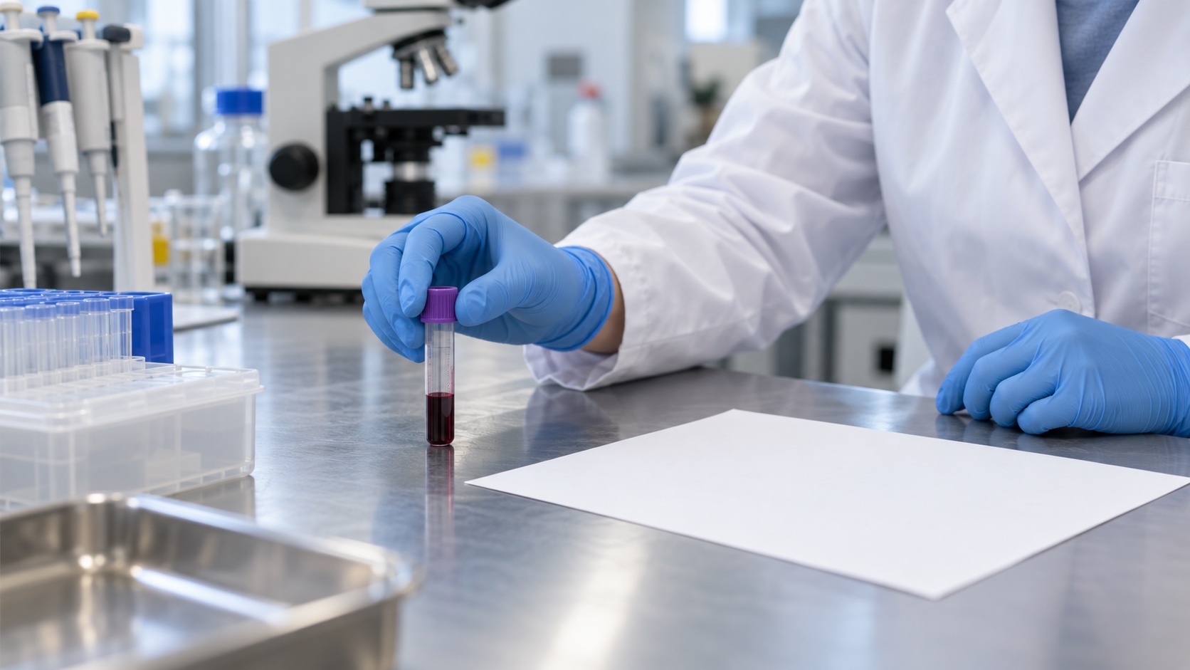 A lab technician holds an unlabelled sample tube beside a blank form.