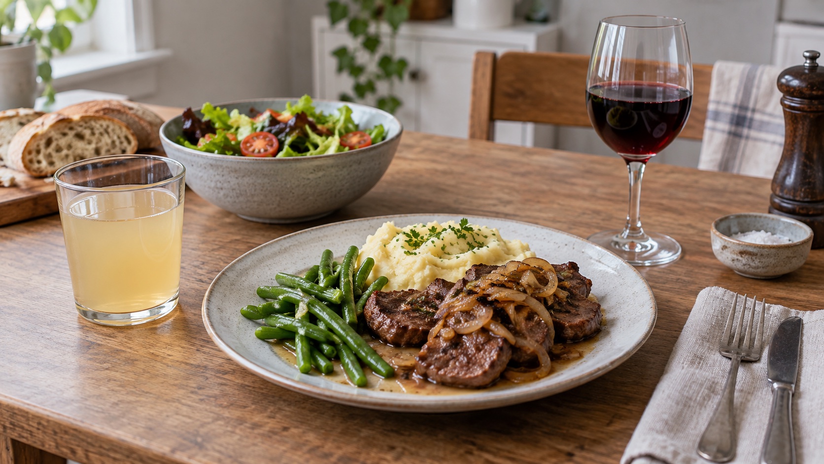 An ordinary meal beside a sweet drink and an unbranded wine glass.