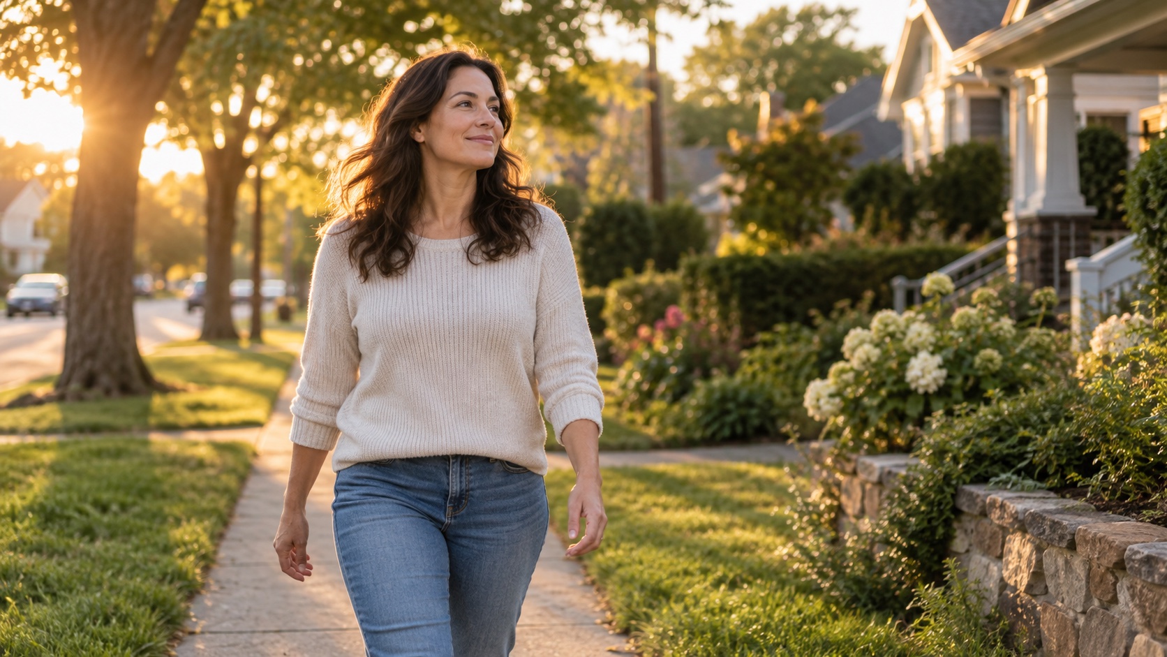 An adult takes a relaxed walk on a quiet neighborhood path.