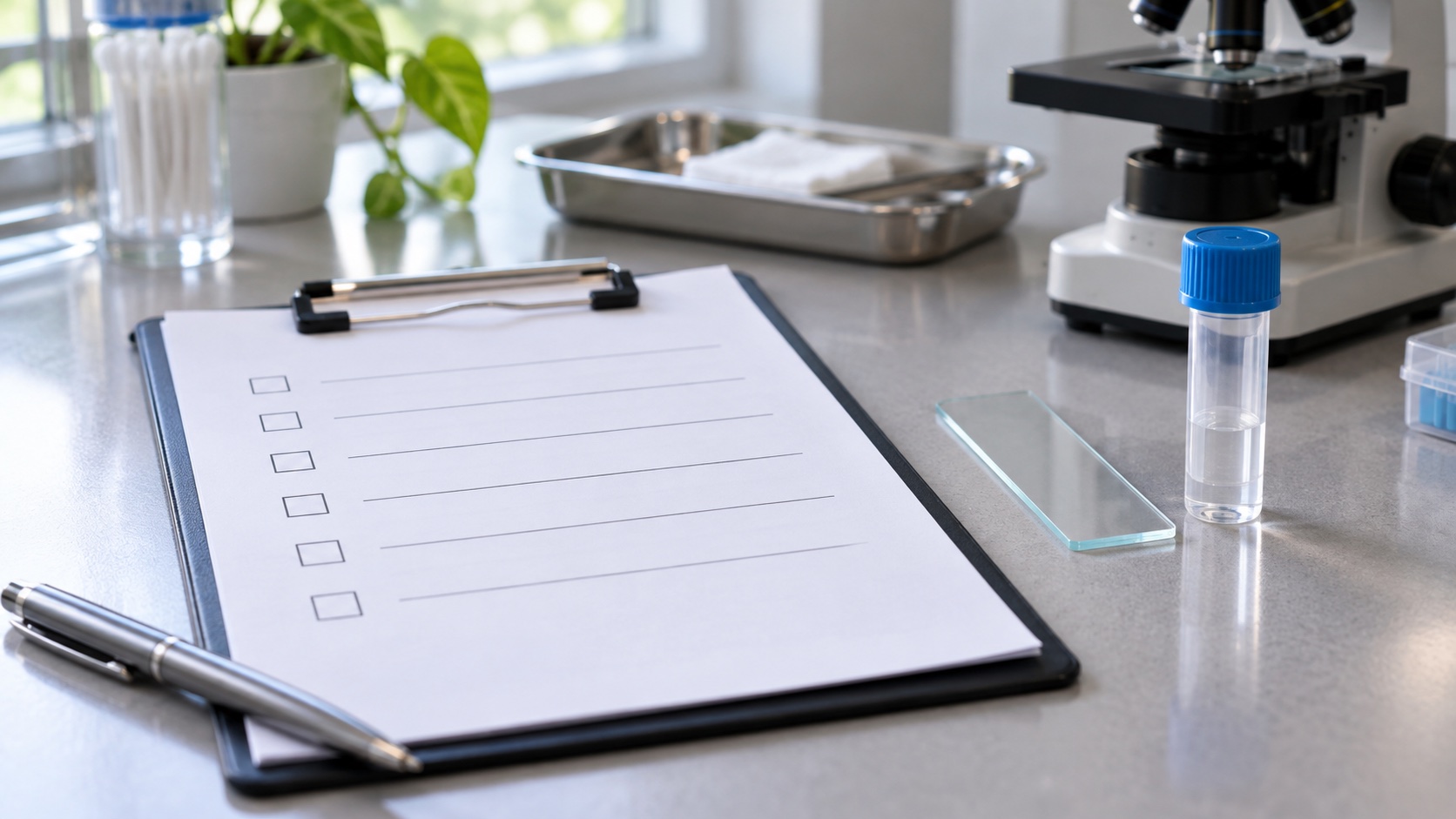 A blank checklist beside a microscope slide and unlabelled tube.