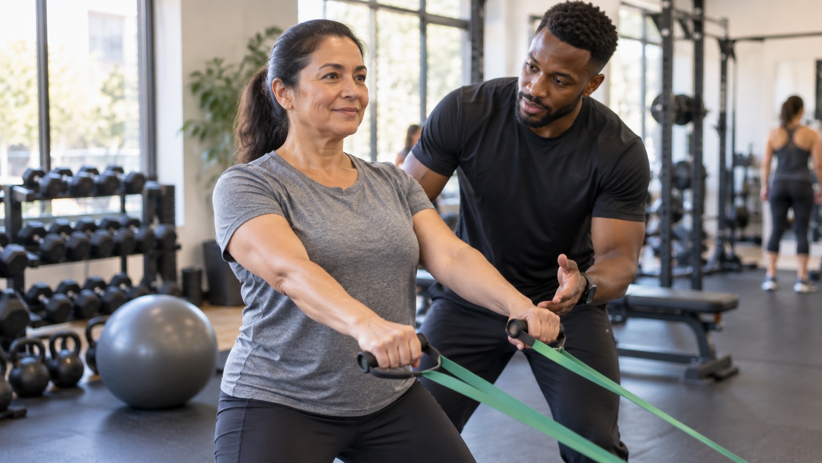 An adult performs a controlled strength exercise in a community gym.