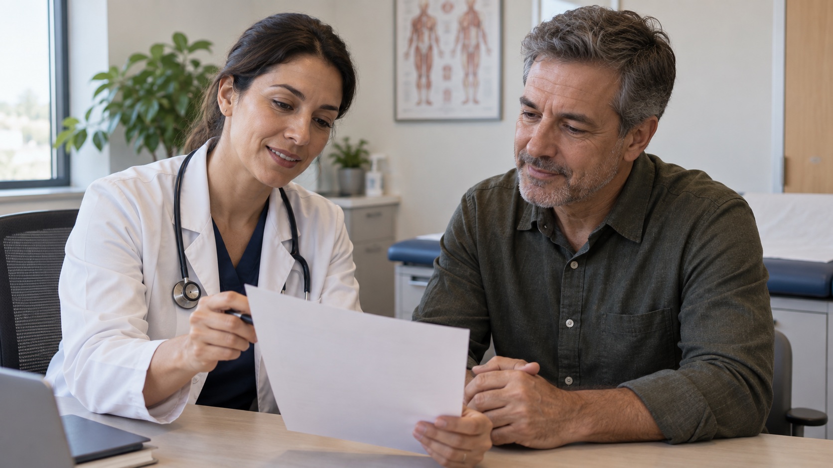 A clinician and adult review a blank lipid sheet in an office.