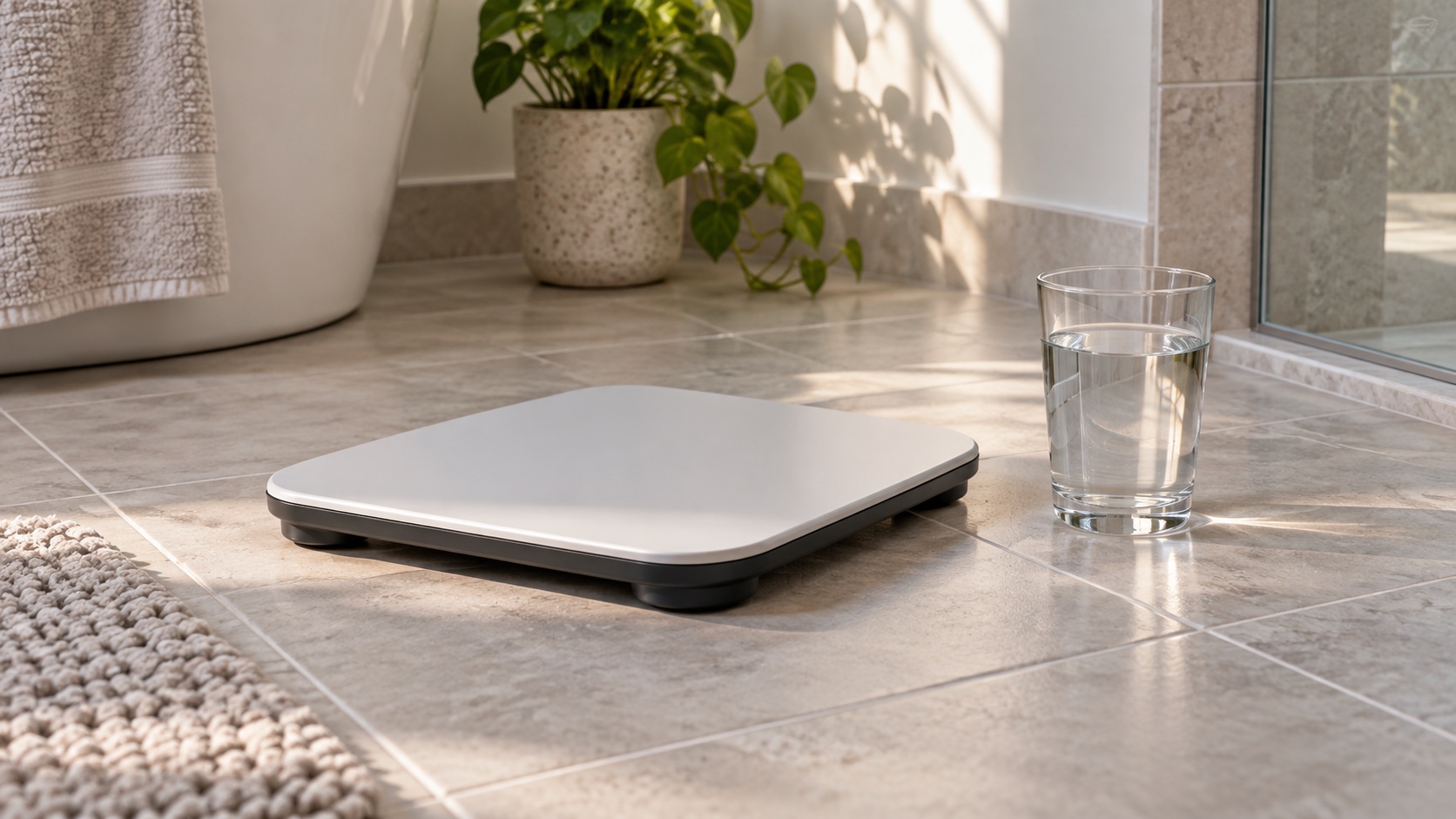 A blank bathroom scale beside a glass of water.
