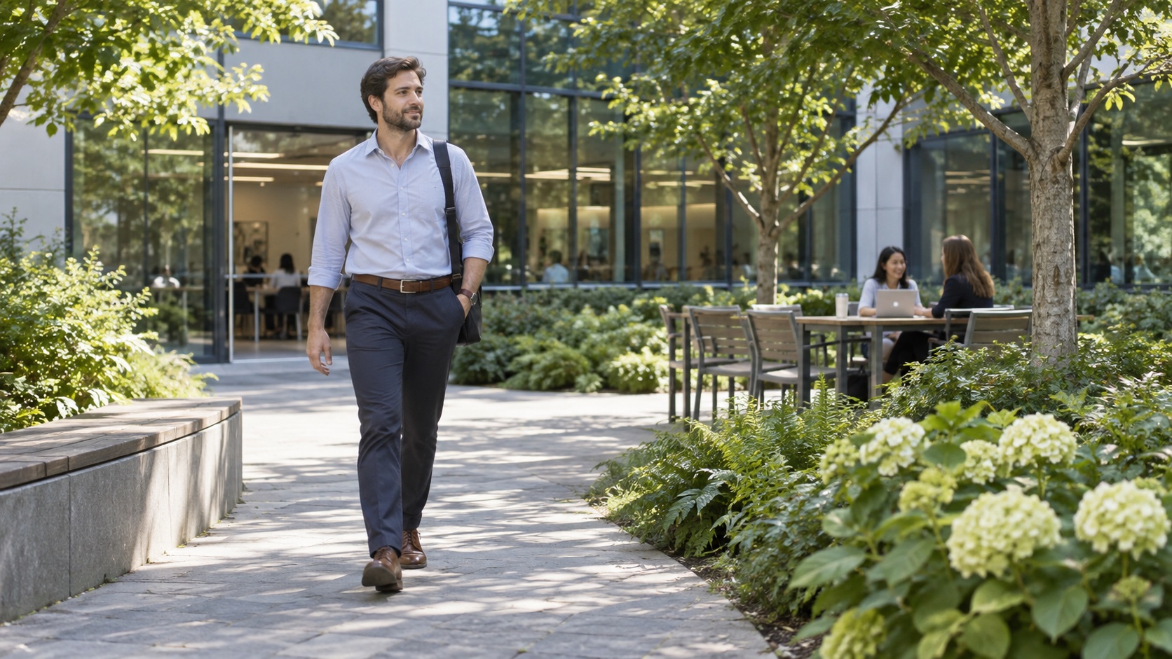 An adult pauses from desk work for a short outdoor walk.