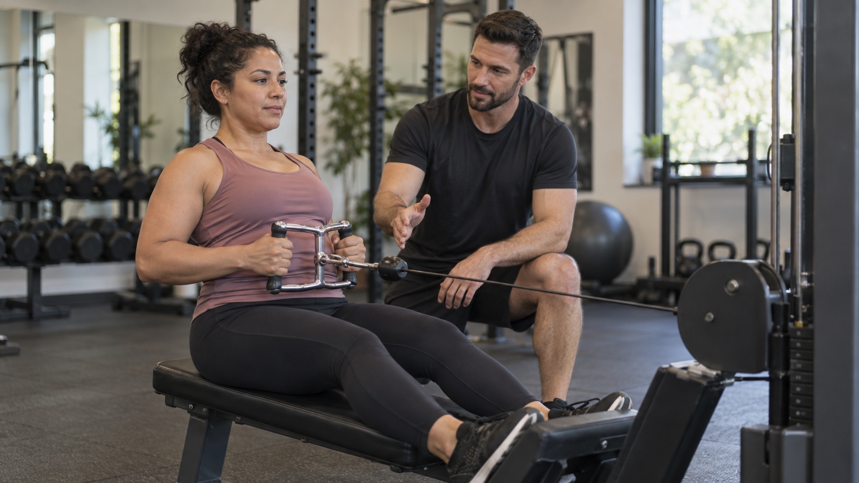 An adult lifts a light weight while a trainer observes.
