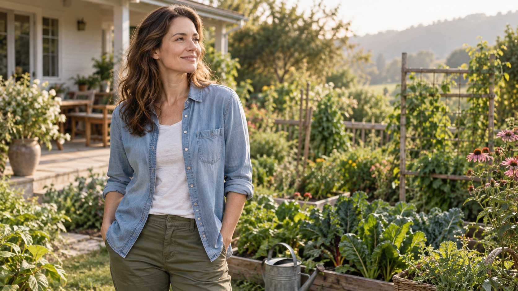 An adult stands in soft morning sunlight near a garden.