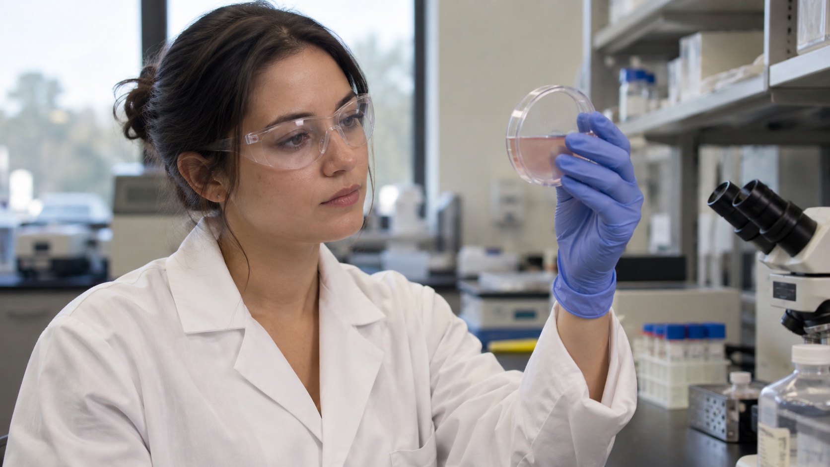 A researcher looks at an unlabelled culture dish in a laboratory.