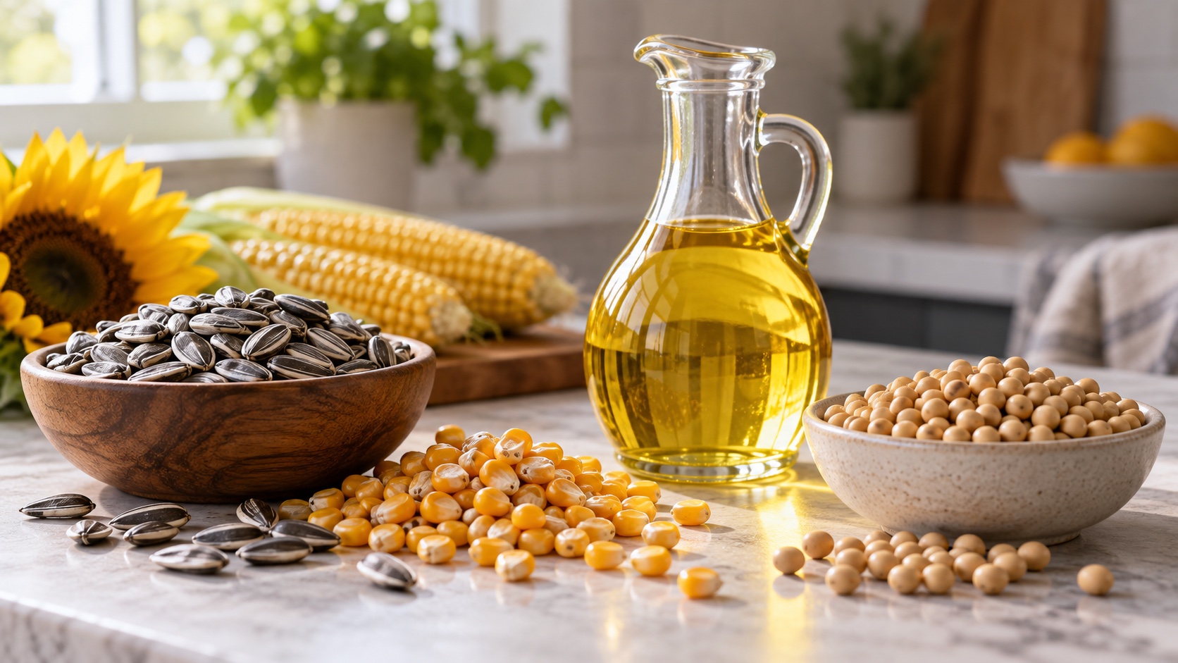 Sunflower seeds, corn kernels, soybeans, and a small oil cruet.