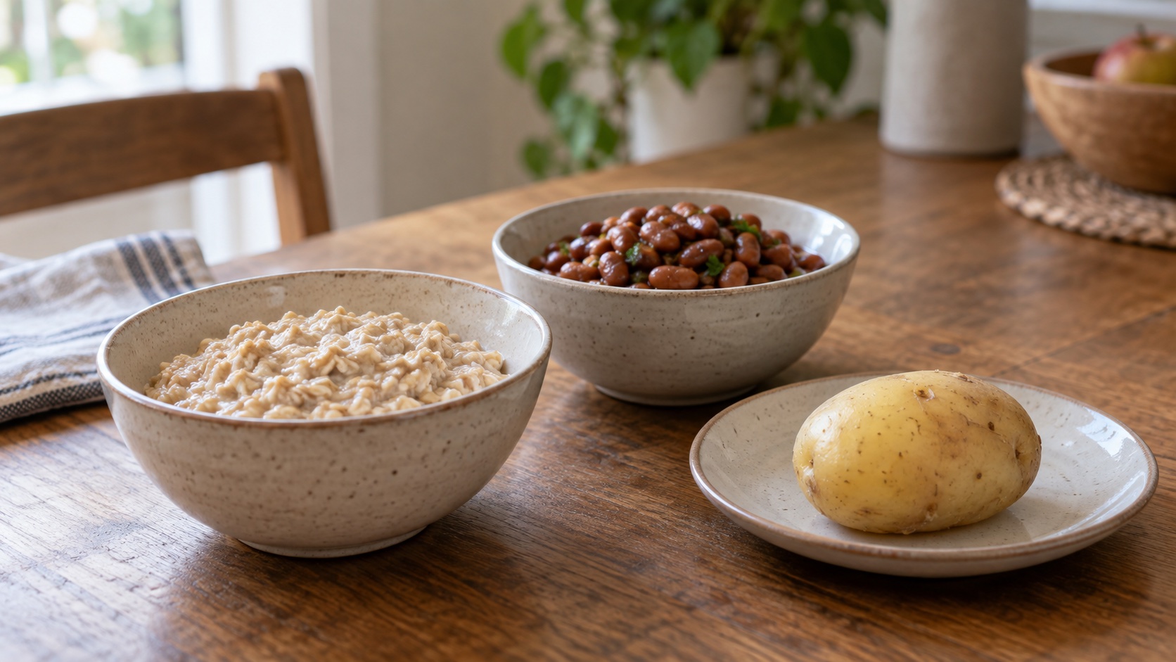 Oatmeal, beans, and a cooled potato arranged as foods.