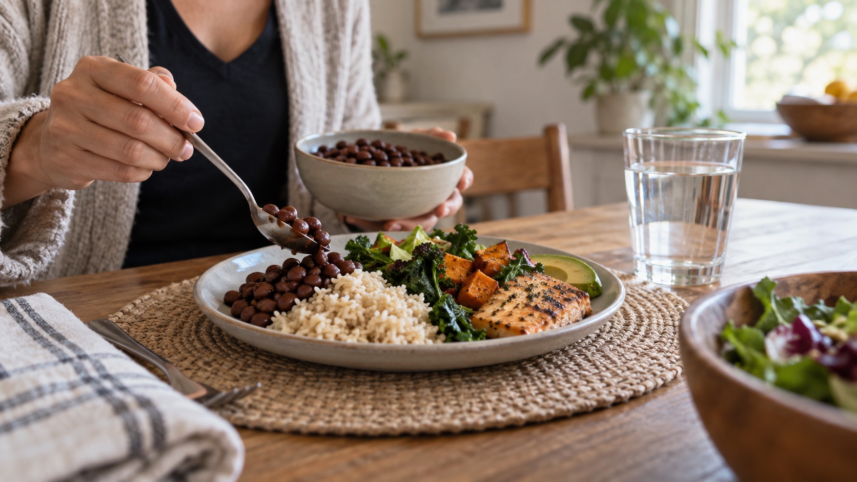 An adult adds beans to a meal with a glass of water.