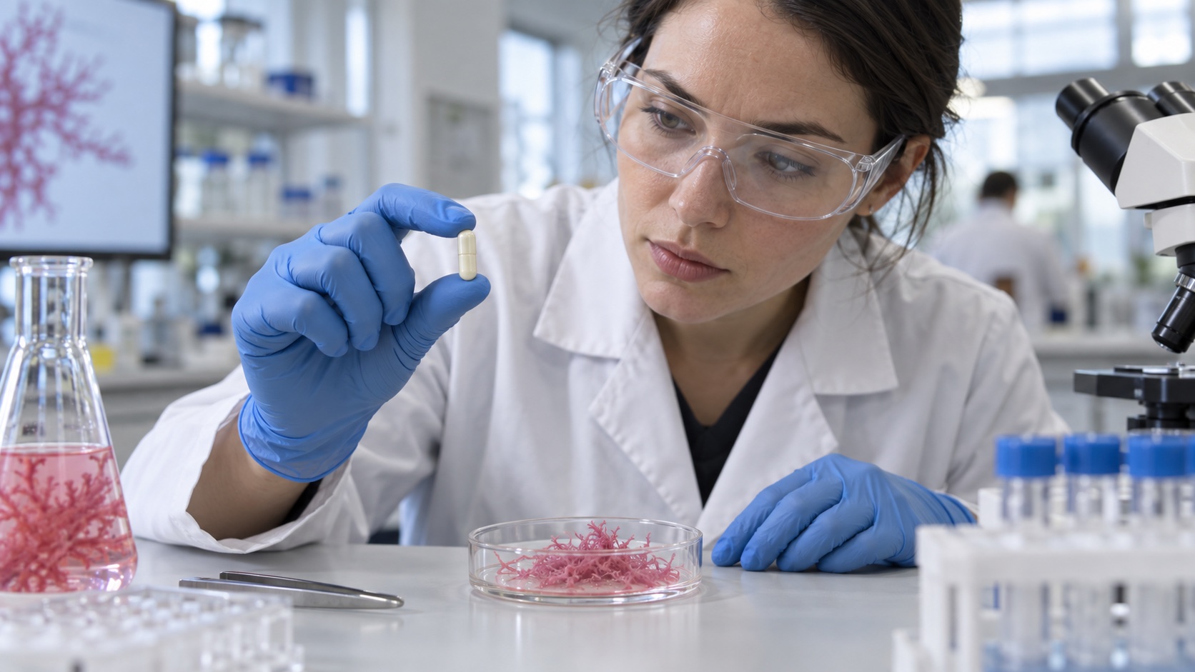 An unlabelled capsule and pink microalgae on a research bench.