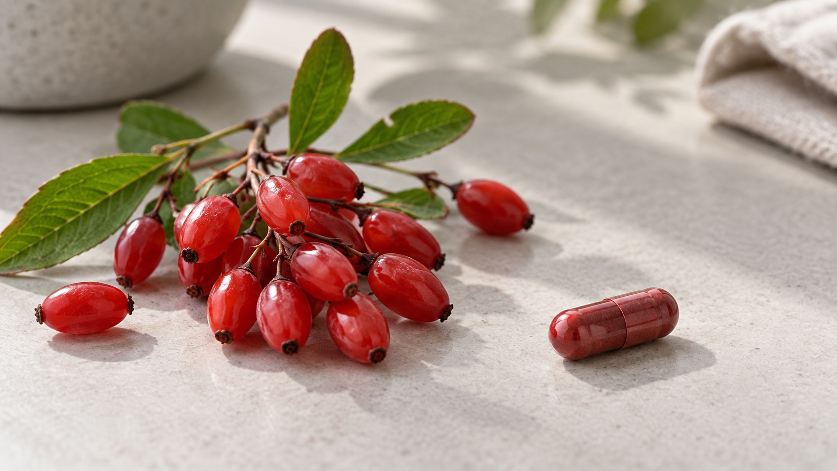 Barberry berries beside a single plain unlabelled capsule.
