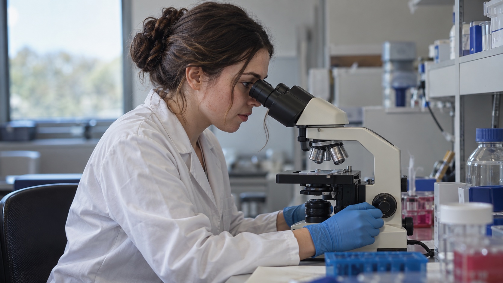 A researcher examines an unlabelled cell sample in a laboratory.